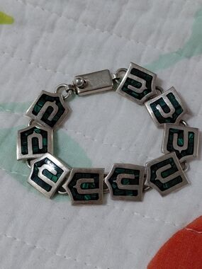 MEXICO 925 Sterling Silver  Vintage  Mosaic  Chain Bracelet.